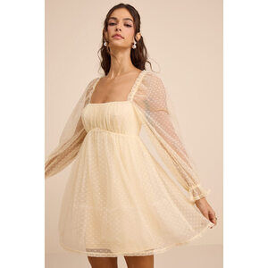 Lulus Dreamy Sweetness Beige Swiss Dot Ruffled Mini Babydoll Dress - Size L. NWT